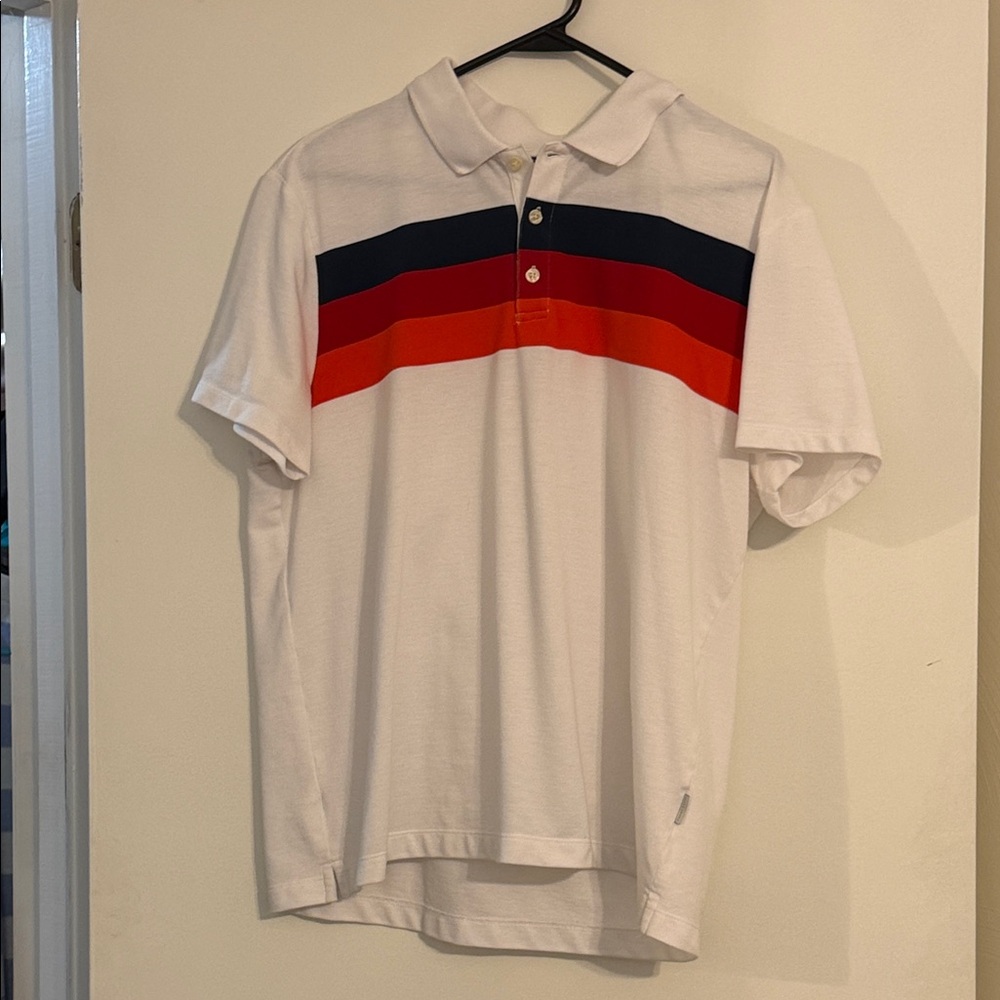 Perry Ellis White Polo with Navy and Red-Orange Stripes